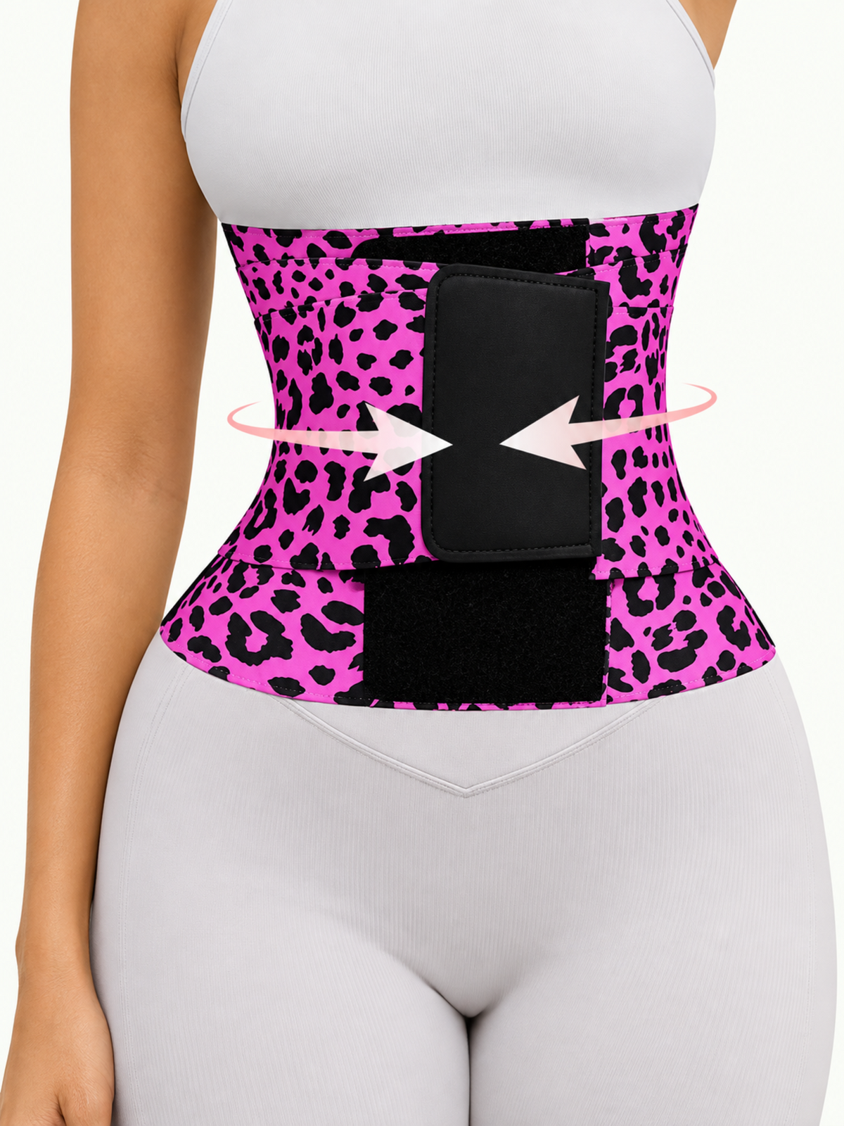 Pink Leopard Contour Belt fastened around the waist