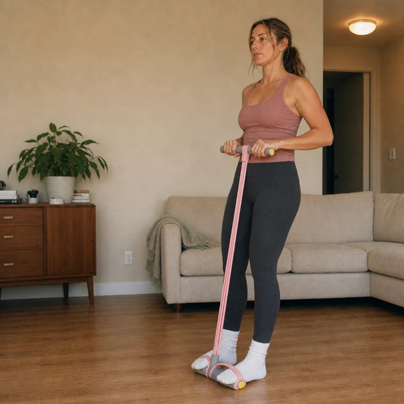 Woman standing on the foot pedals of The Flow Band in Pink during a home workout.